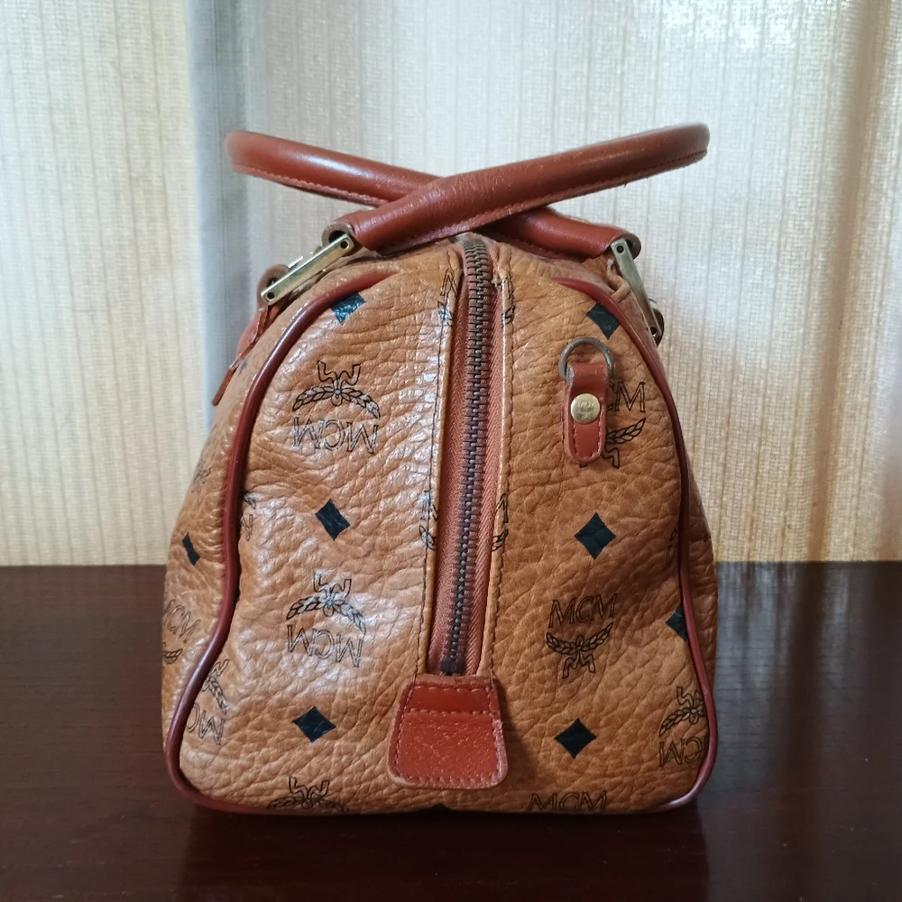 MCM Cognac Brown Monogram Handbag with Black Diamond Motif and Gold Hardware